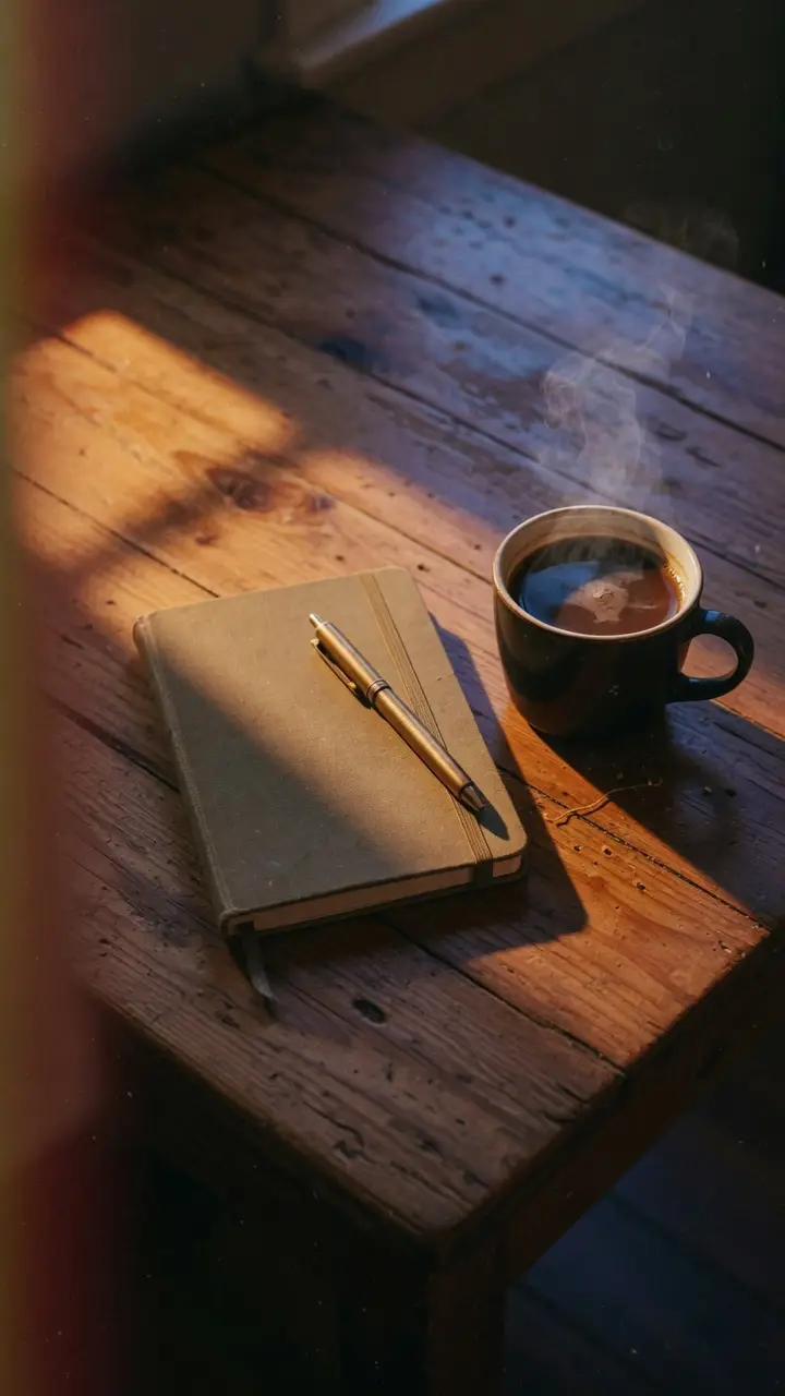 A notebook and coffee on a desk